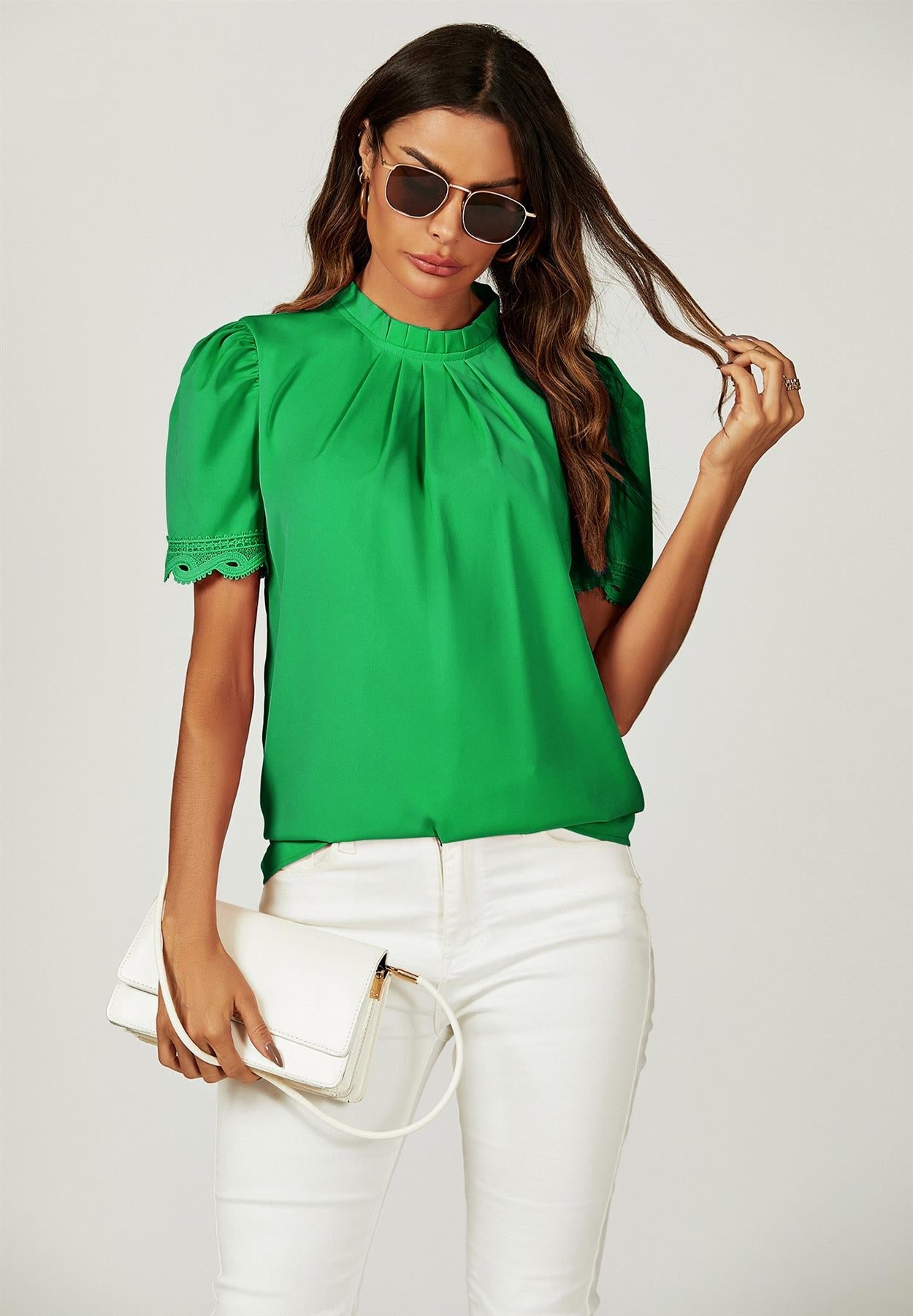 Lace Trim Detail Short Sleeve High Neck Blouse Top In Green
