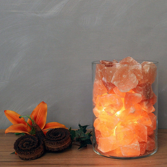 Beleuchteter Salzkristall FEUER im Glas Blume des Lebens