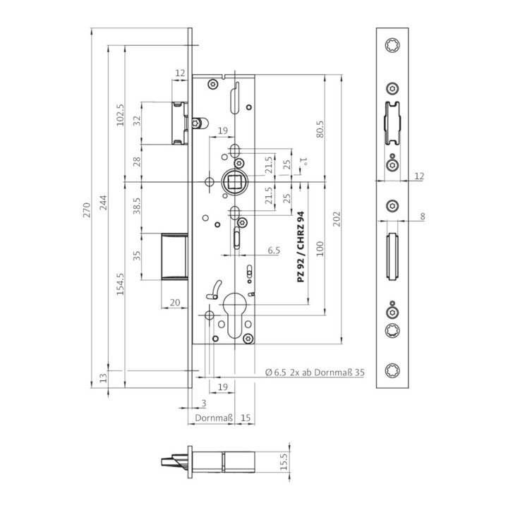 B-flokks BKS neyðarlás með innfelldu lási, neyðarútgangshurðarkarmi úr ryðfríu stáli, 9 mm og 270 mm