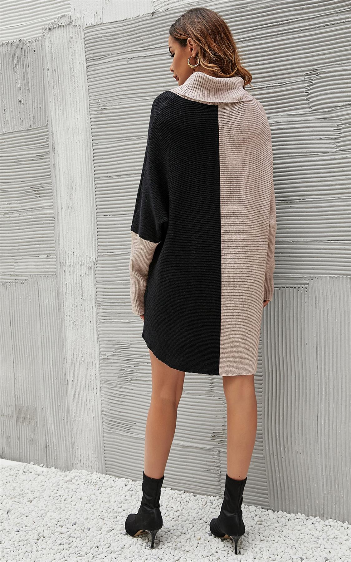 High Neck Half Forest Beige & Black Block Colour Jumper Top