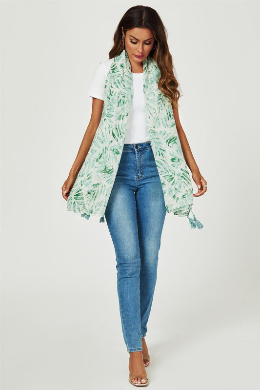 Tropical Leaf Print Tassel Scarf In Green