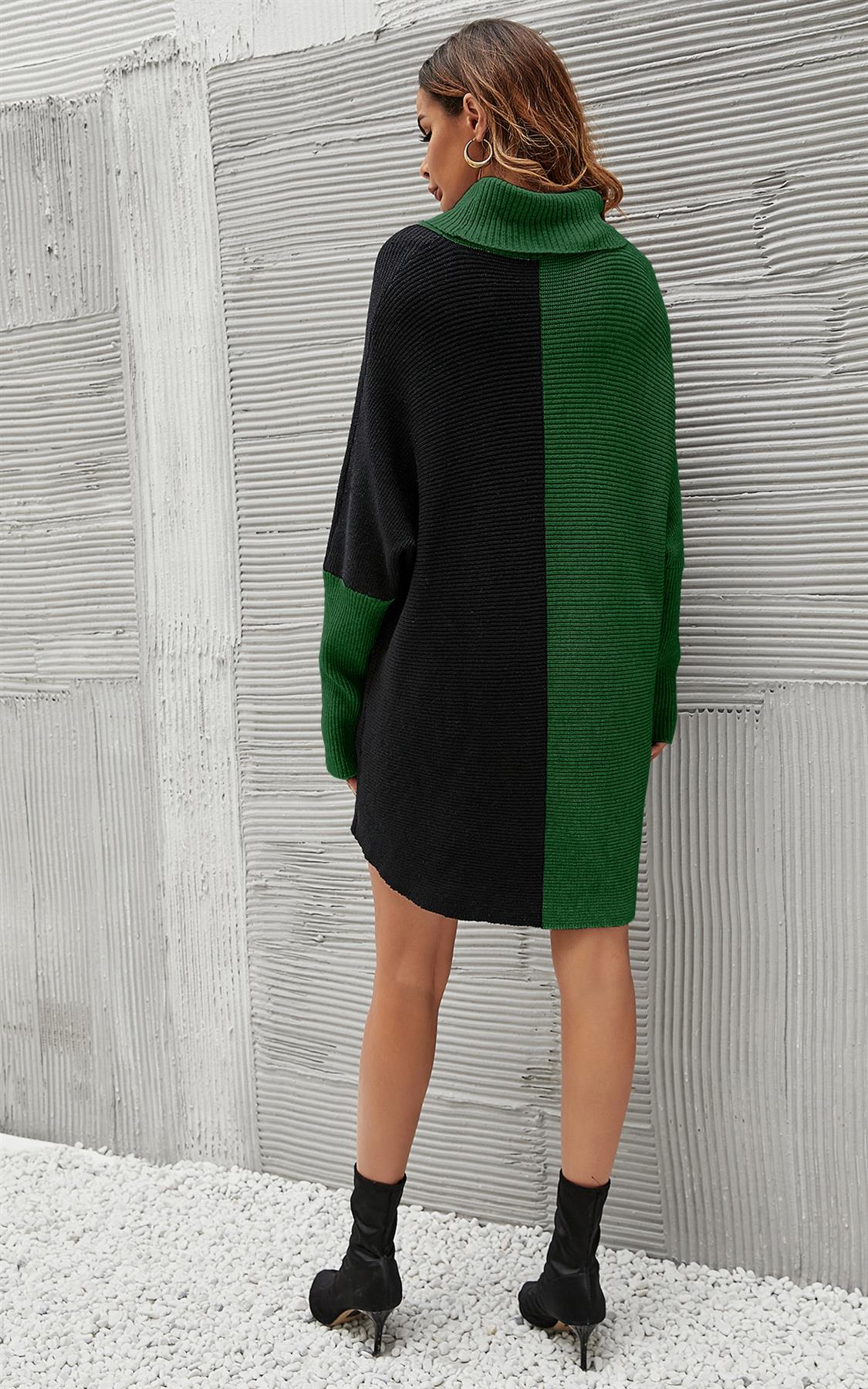 High Neck Half Forest Green & Black Block Color Jumper Top