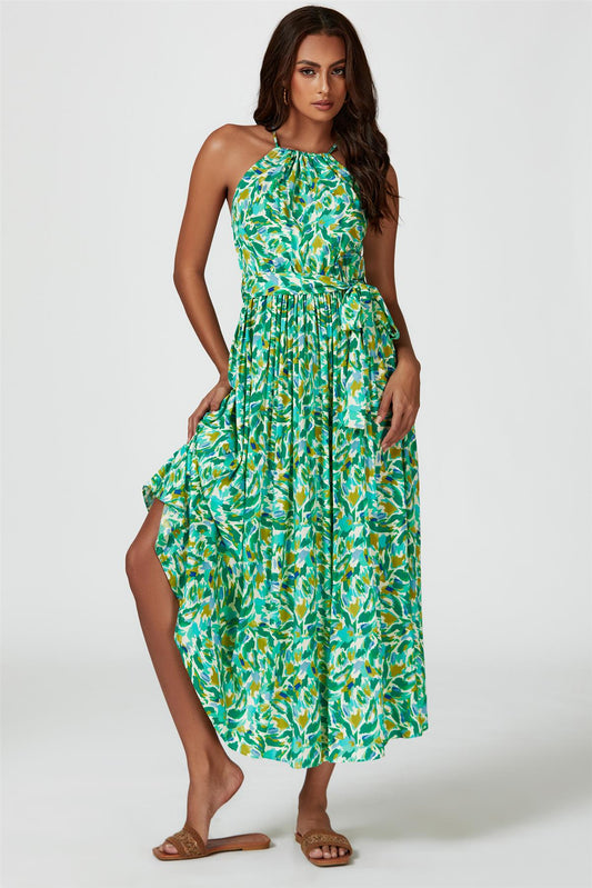 Abstract Print Tie Halterneck Maxi Dress In Green