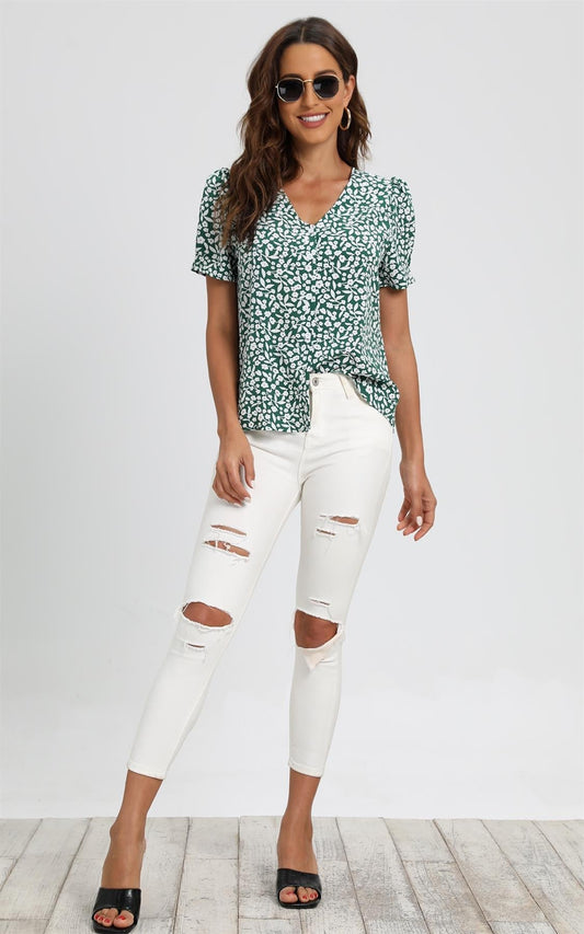 Short Sleeve Buttoned Blouse Top In Green & White Flora Print
