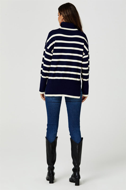 Stripes Pattern Turtleneck Jumper Top In Navy