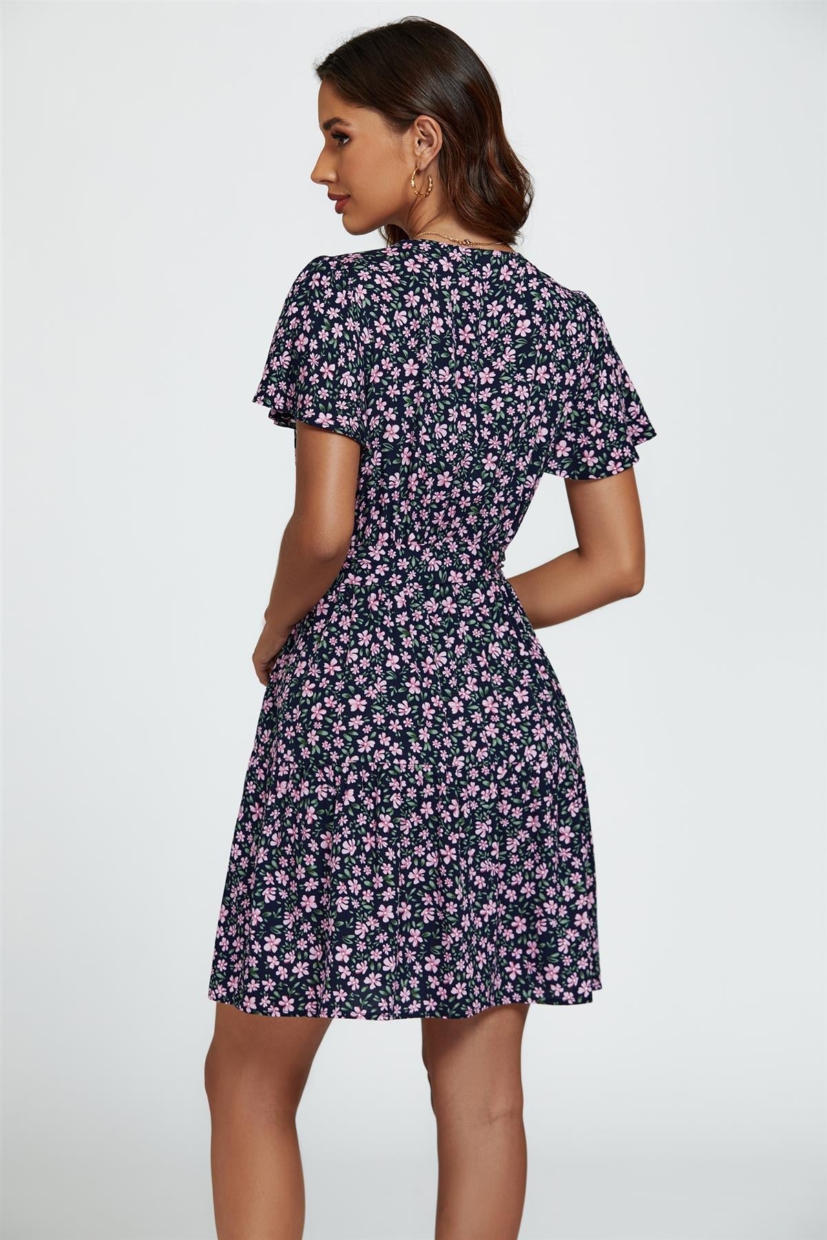 Floral Print Hem Tiered Wrap Mini Dress In Navy