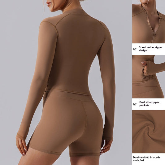 Autumn High Elastic Gym Sports Top Women Long Sleeve Slim-fit Zipper Cardigan