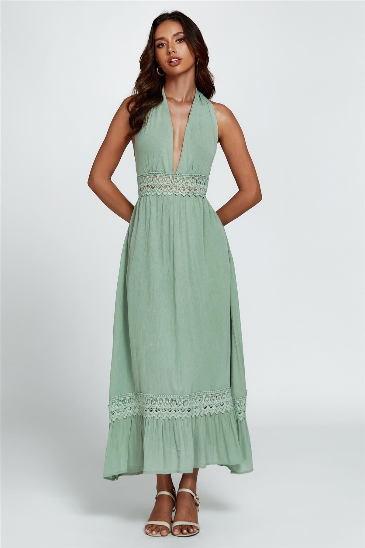 Lace Detail Adjustable Deep V Neckline Maxi Dress In Green