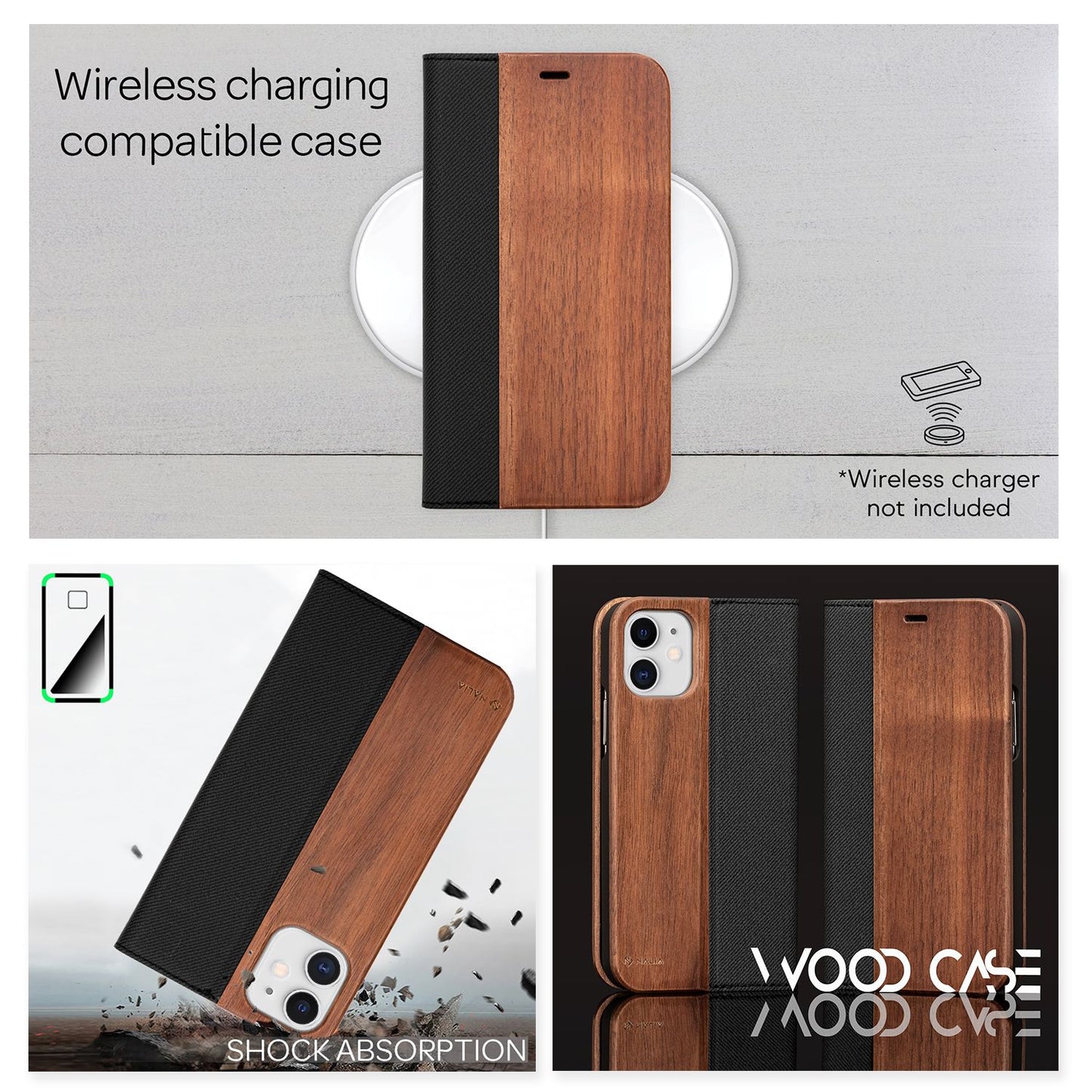 NALIA Real Wood Flip Case for iPhone 12 Pro / iPhone 12, Wood Phone Case Cover