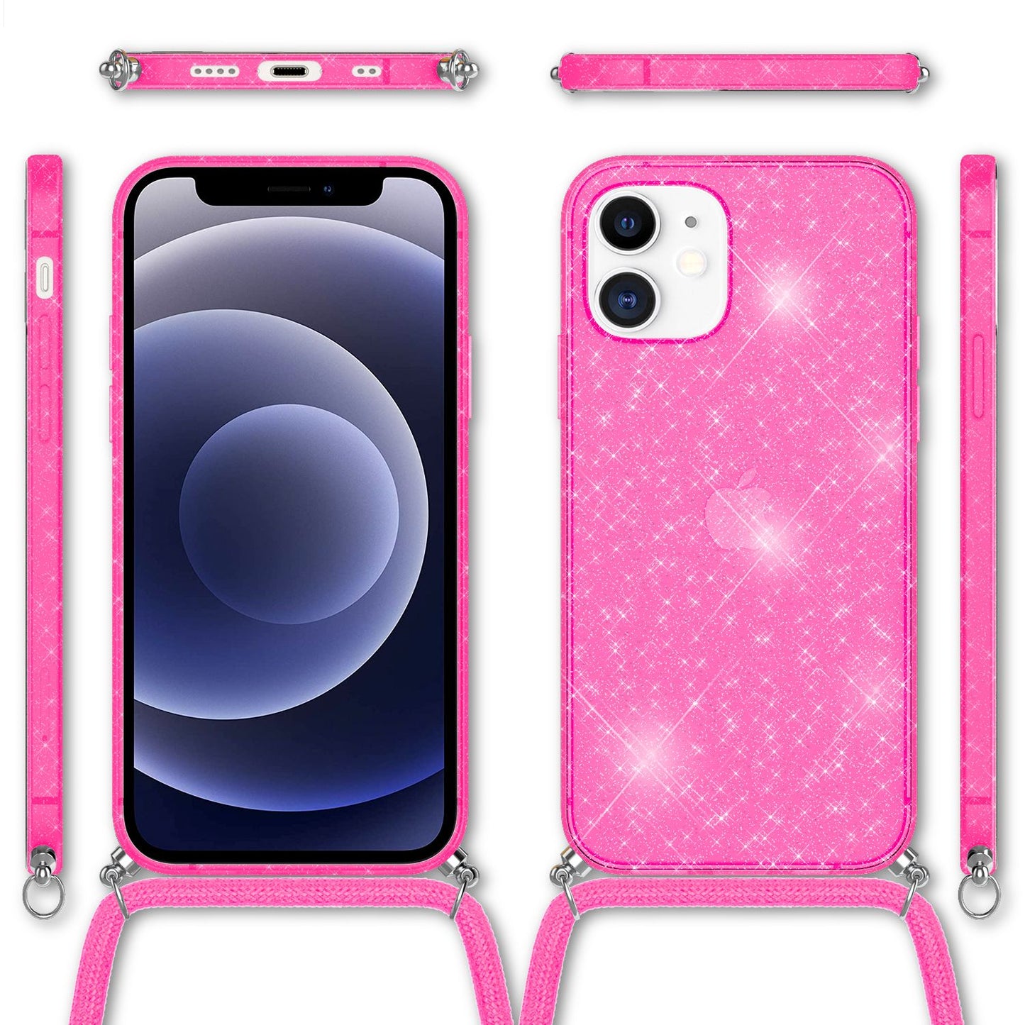 NALIA Glitrandi hulstur með keðju fyrir iPhone 12 mini, Glitrandi hulstur með snúru og Bling-hulstri