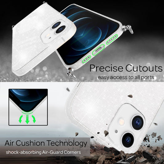 NALIA glitrandi hulstur með keðju fyrir iPhone 12 / 12 Pro, glitrandi hulstur með snúru