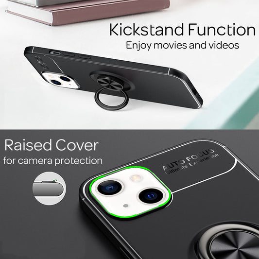 NALIA Black Phone Case for iPhone 13 Mini, 360° Ring Cover Case with Kickstand