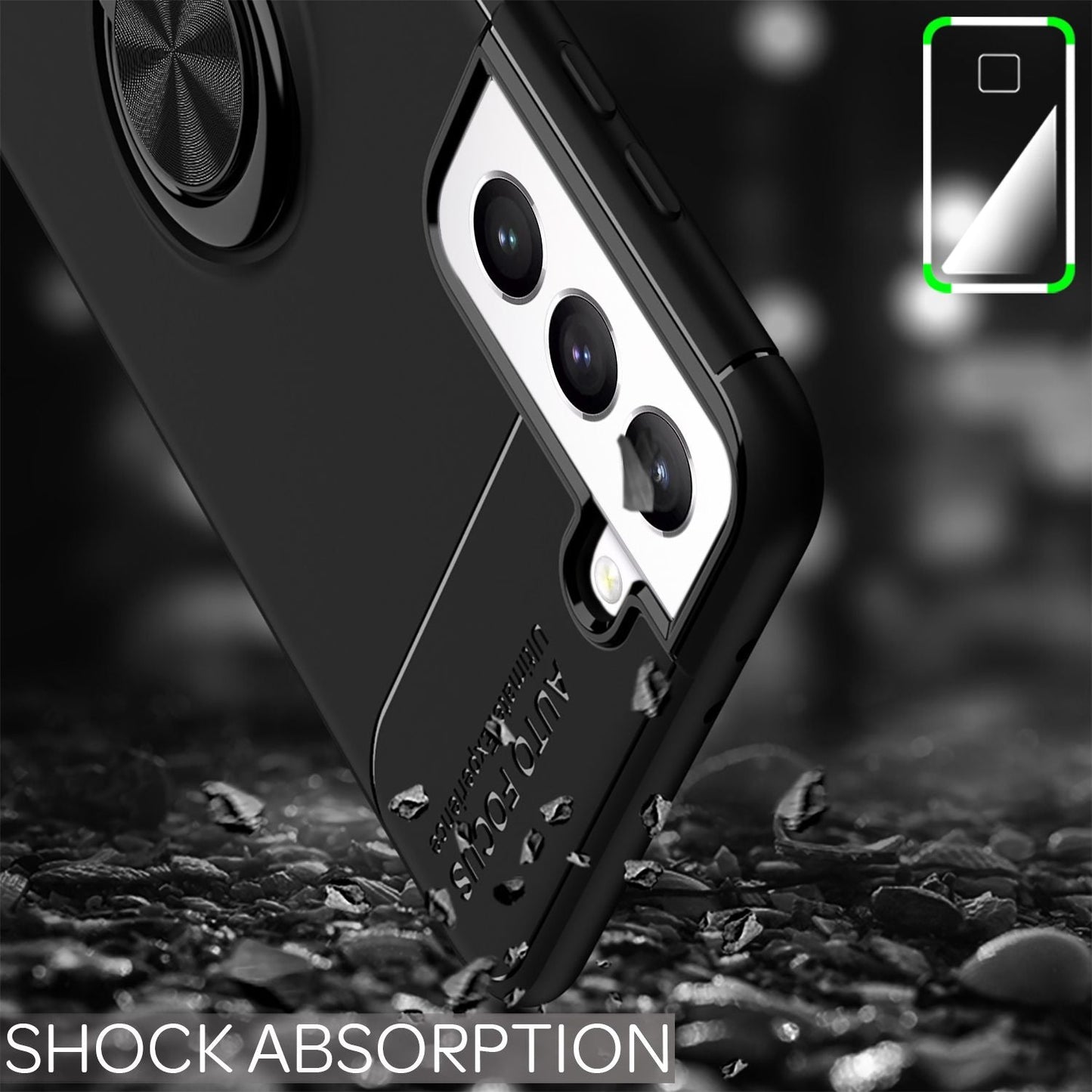 NALIA Matte Black Ring Cover fyrir Samsung Galaxy S21 FE