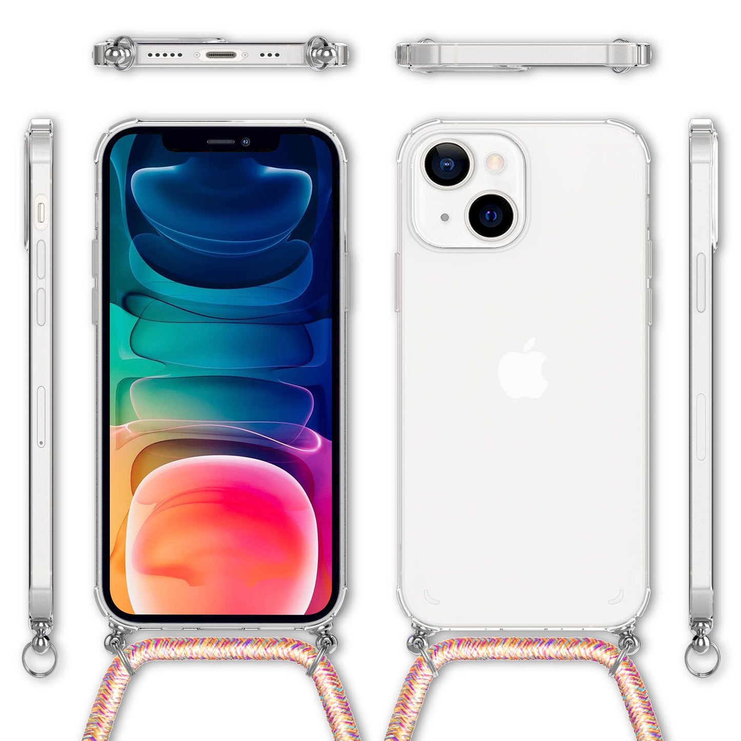 NALIA Phone Case with Chain for iPhone 13, Transparent Hard Case & Phone Cord, Robust, Non-Yellowing, Clear