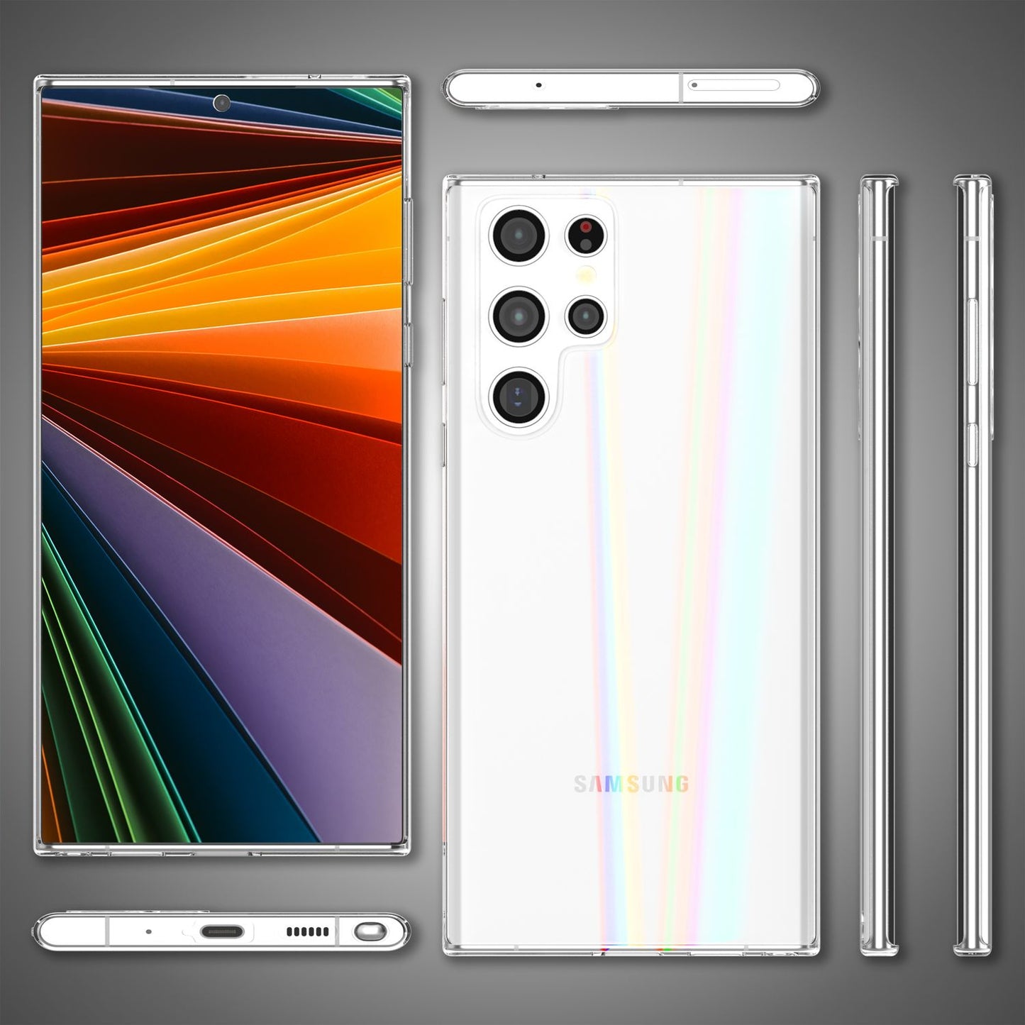 NALIA hulstur úr gegnsæju herti gleri fyrir Samsung Galaxy S22 Ultra, regnbogaáferð gegnsætt, gulnandi hert gler og sílikon, símahulstur