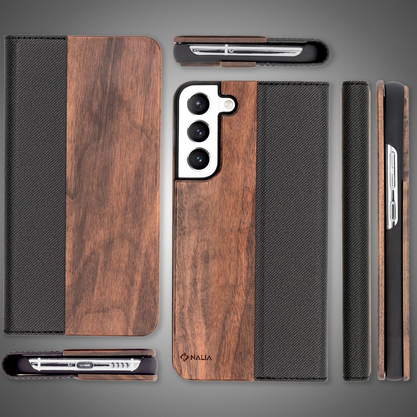 NALIA hulstur úr viði fyrir Samsung Galaxy S22 Plus, hulstur úr viði með standi og kortarauf - valhnetu