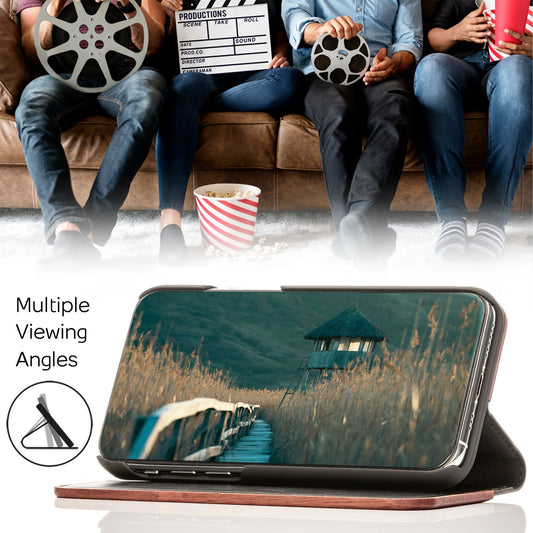 Echt-Holz Flipcase für iPhone 13 Mini, Natur Holzhülle mit Standfunktion & Kartenfach, Rundumschutz Hülle Etui - Walnuss