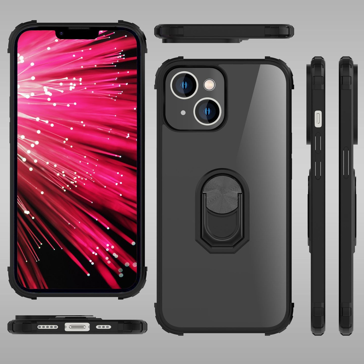 Fyrir iPhone 14 Plus hulstur með hringlaga ramma og gegnsæju símahulstri