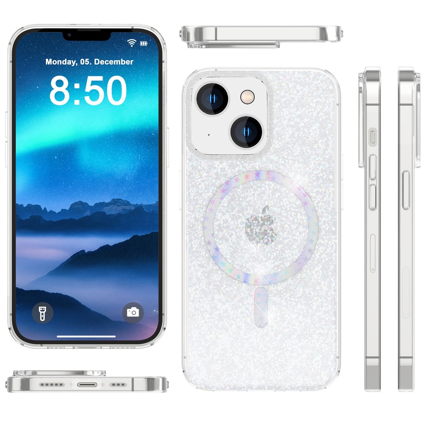 Glitter MagSafe case and 2x screen protectors for iPhone 14, clear display film cover