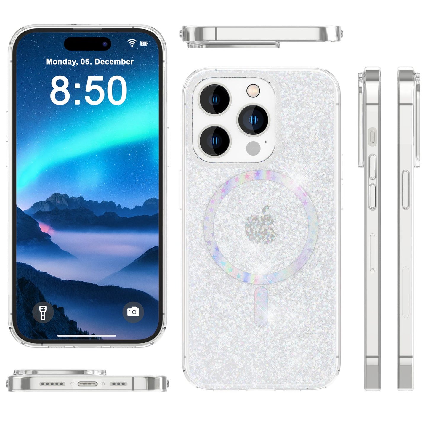 Glitrandi MagSafe hulstur og tvær skjávörn fyrir iPhone 14 Pro Max, gegnsætt hulstur