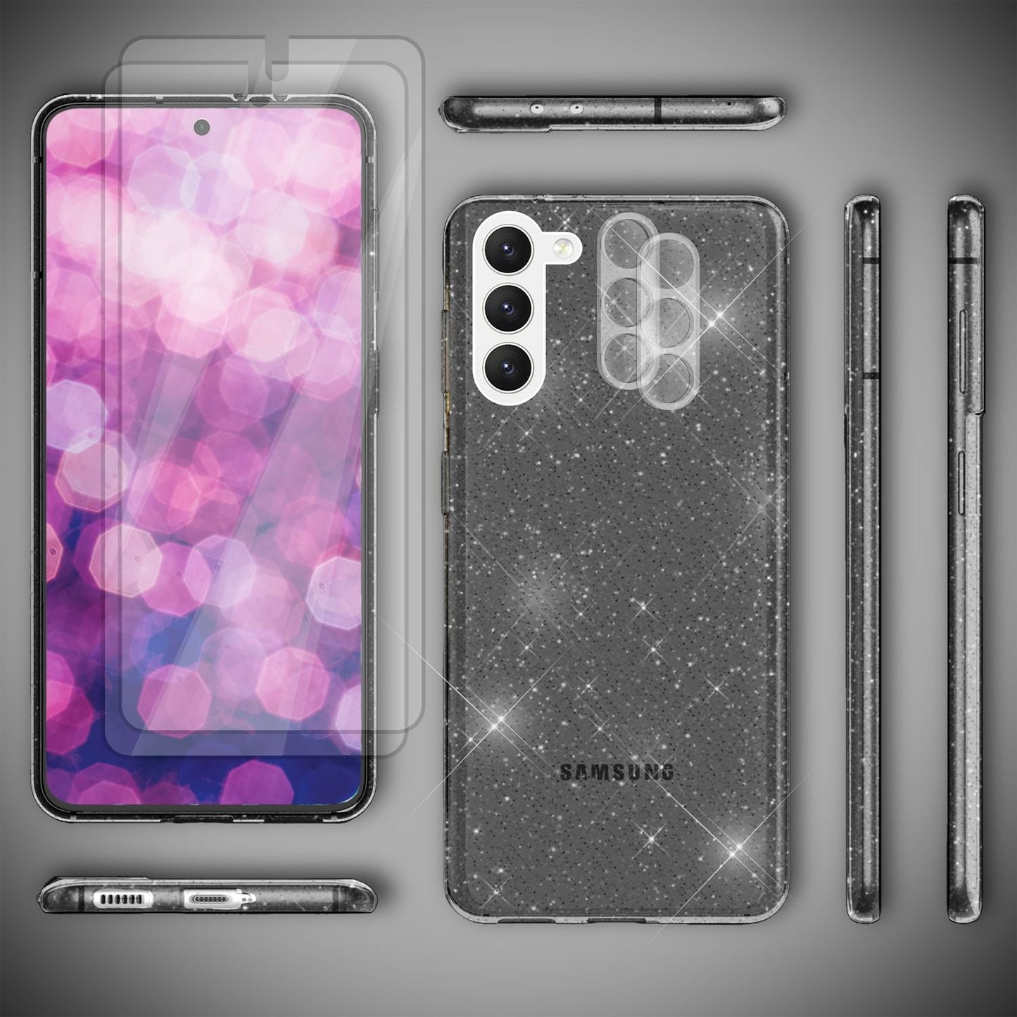 Glitter case for Samsung Galaxy S23, 2x screen protector & camera protector
