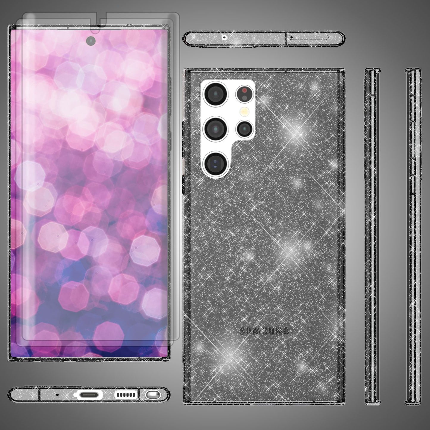 Glitzer Hülle für Samsung Galaxy S23 Ultra, 2x Displayschutz Folie
