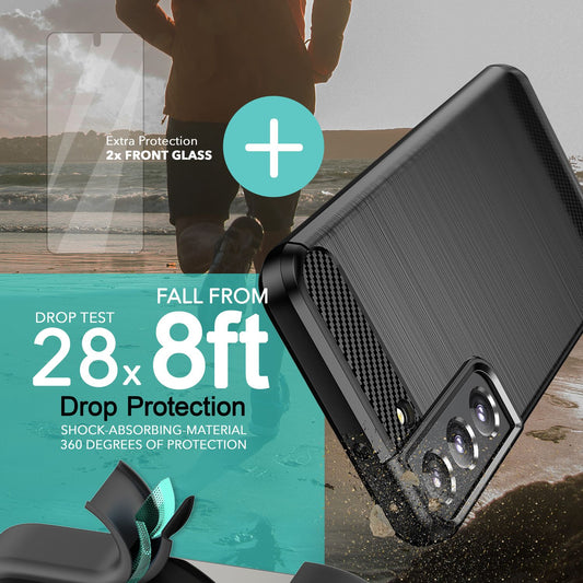 Carbon Look Case for Samsung Galaxy S23, 2x Glass Screen Protectors, Matte Black