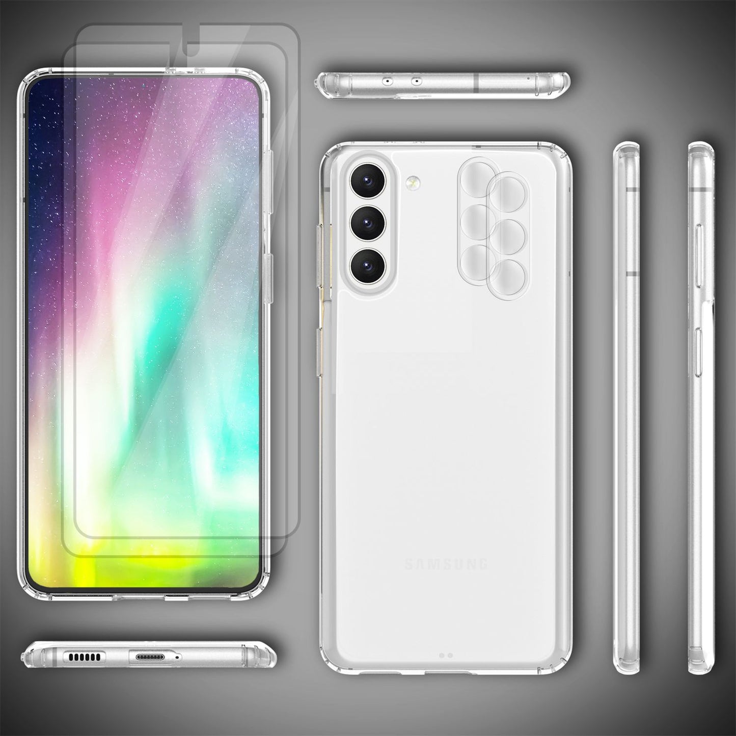 Gegnsætt hulstur fyrir Samsung Galaxy S23, tvöfaldur skjávörn og myndavélarvörn, gegnsætt