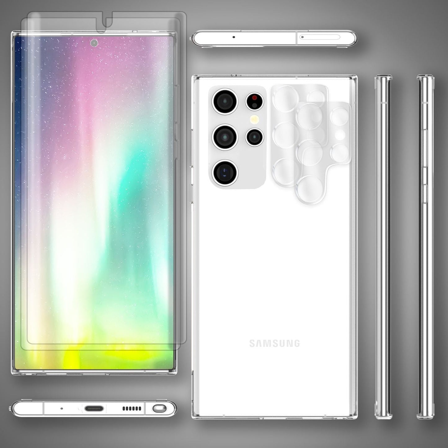 Gegnsætt hulstur fyrir Samsung Galaxy S23 Ultra, tvöföld skjá-/myndavélarvörn, gegnsætt