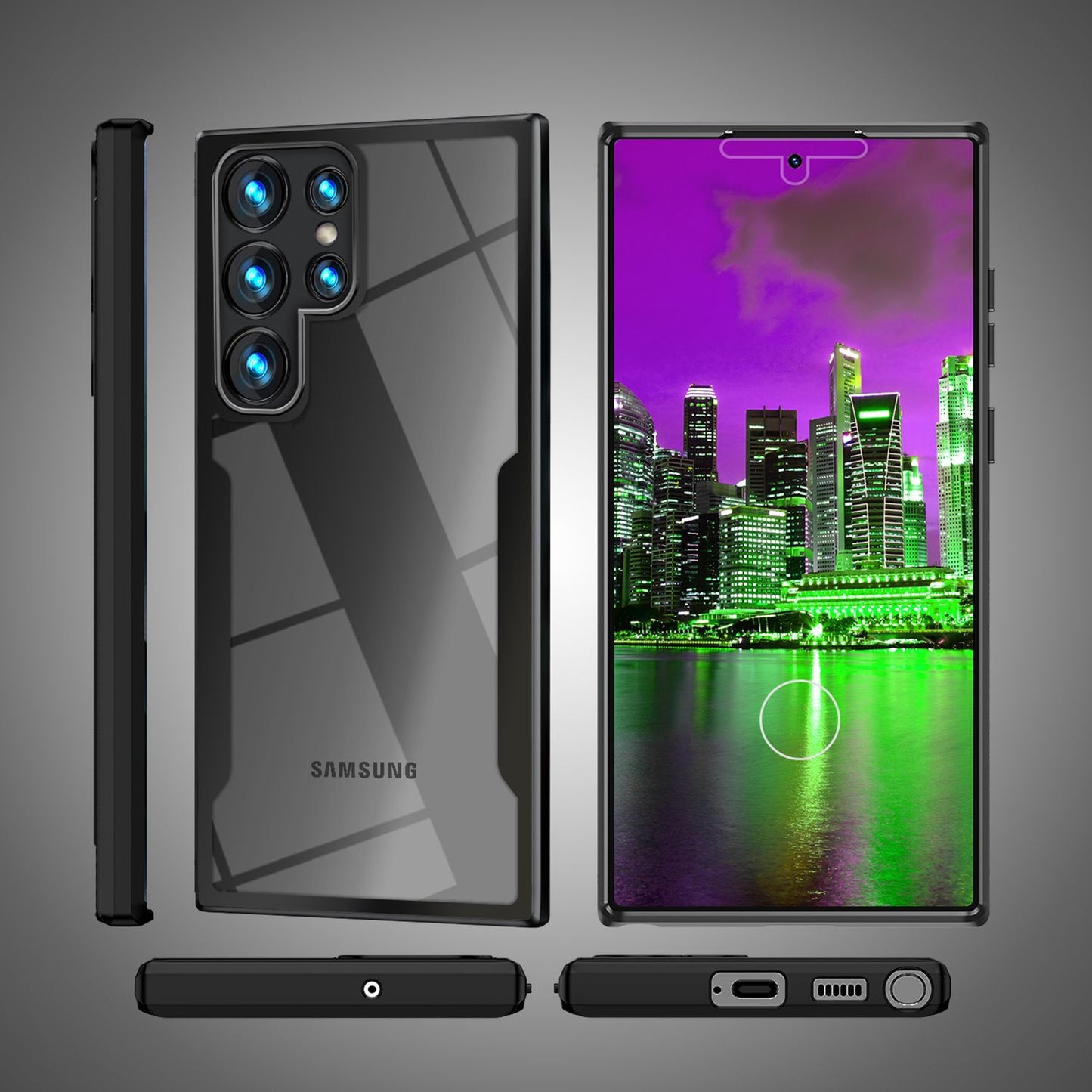 Klare 360 Grad Hybrid Hülle für Samsung Galaxy S23 Ultra, Schutz-Rahmen Schwarz