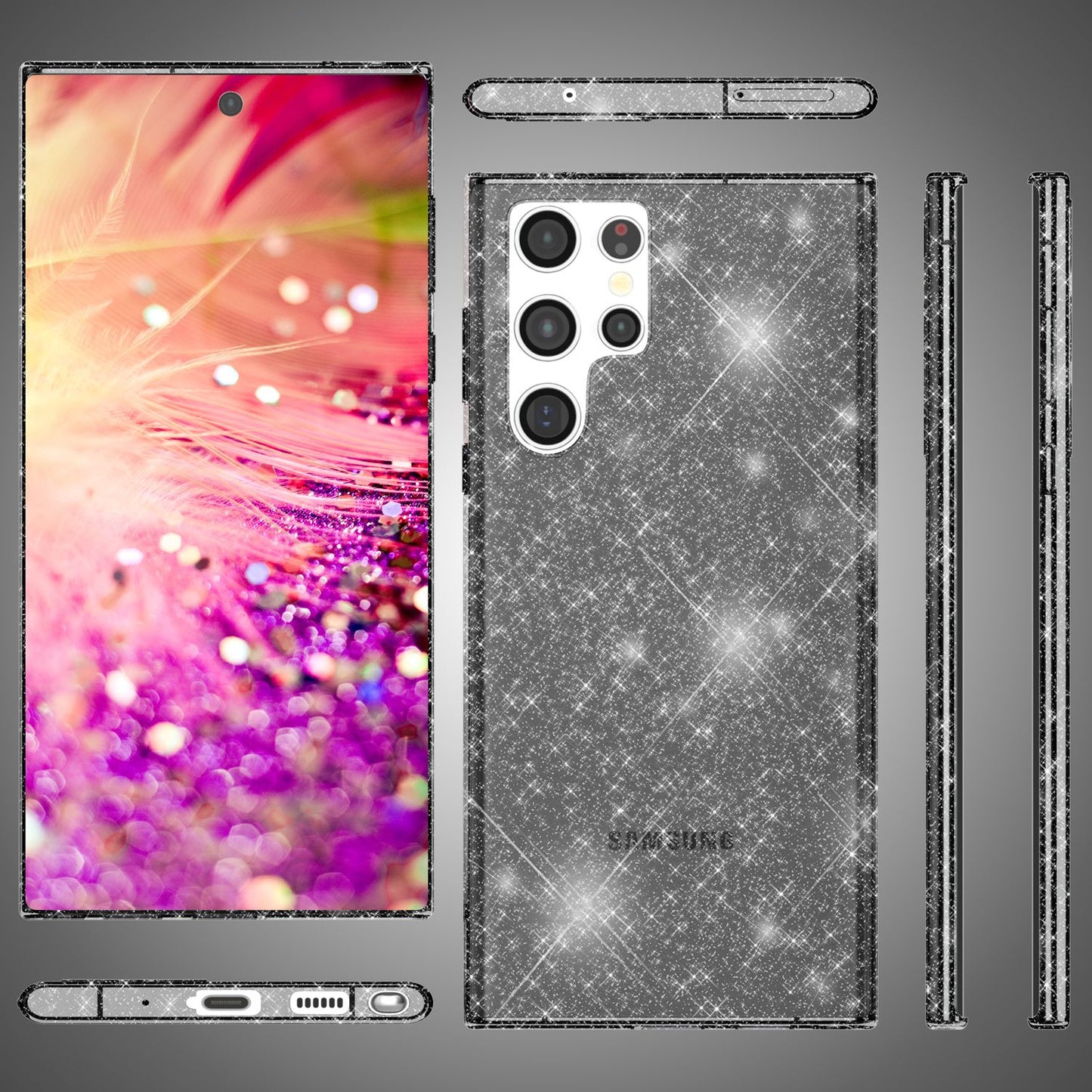 NALIA glitrandi verndarhulstur fyrir Samsung Galaxy S24 Ultra, gegnsætt sílikon símahulstur með demöntum og glitrandi gljáa