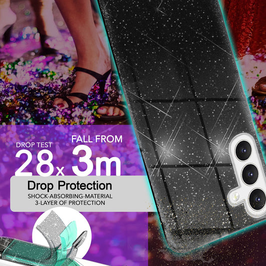 NALIA Hybrid Glitter hulstur fyrir Samsung Galaxy S24, Glansandi Glamour Glitter verndarhulstur með styrktu sílikoni