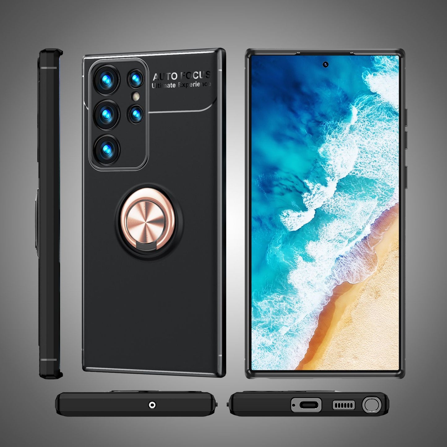 NALIA Matte Black Ring Cover fyrir Samsung Galaxy S24 Ultra, sílikon hlífðarhulstur með 360° snúningshring