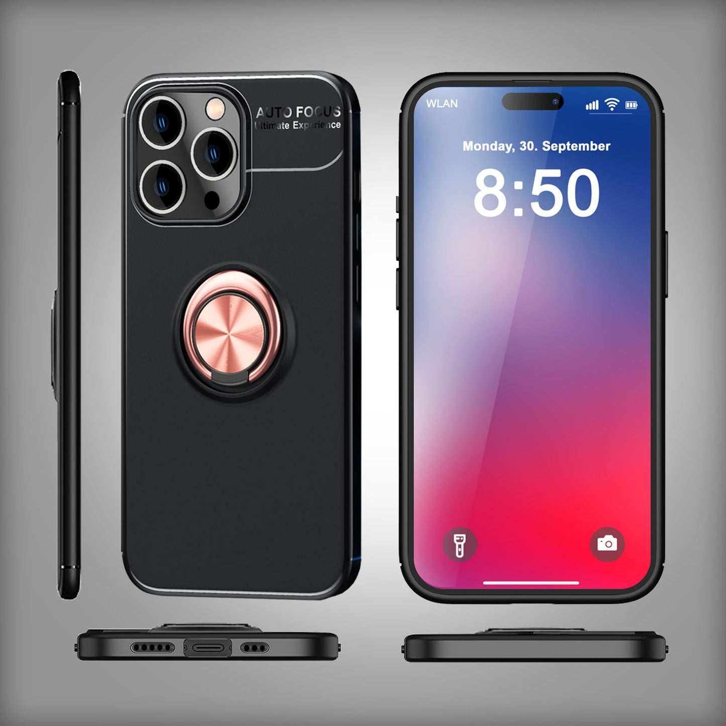 NALIA hlífðarhulstur með hring fyrir iPhone 16 Pro, mattsvart sílikonhulstur með 360° fingurfestingu fyrir stand