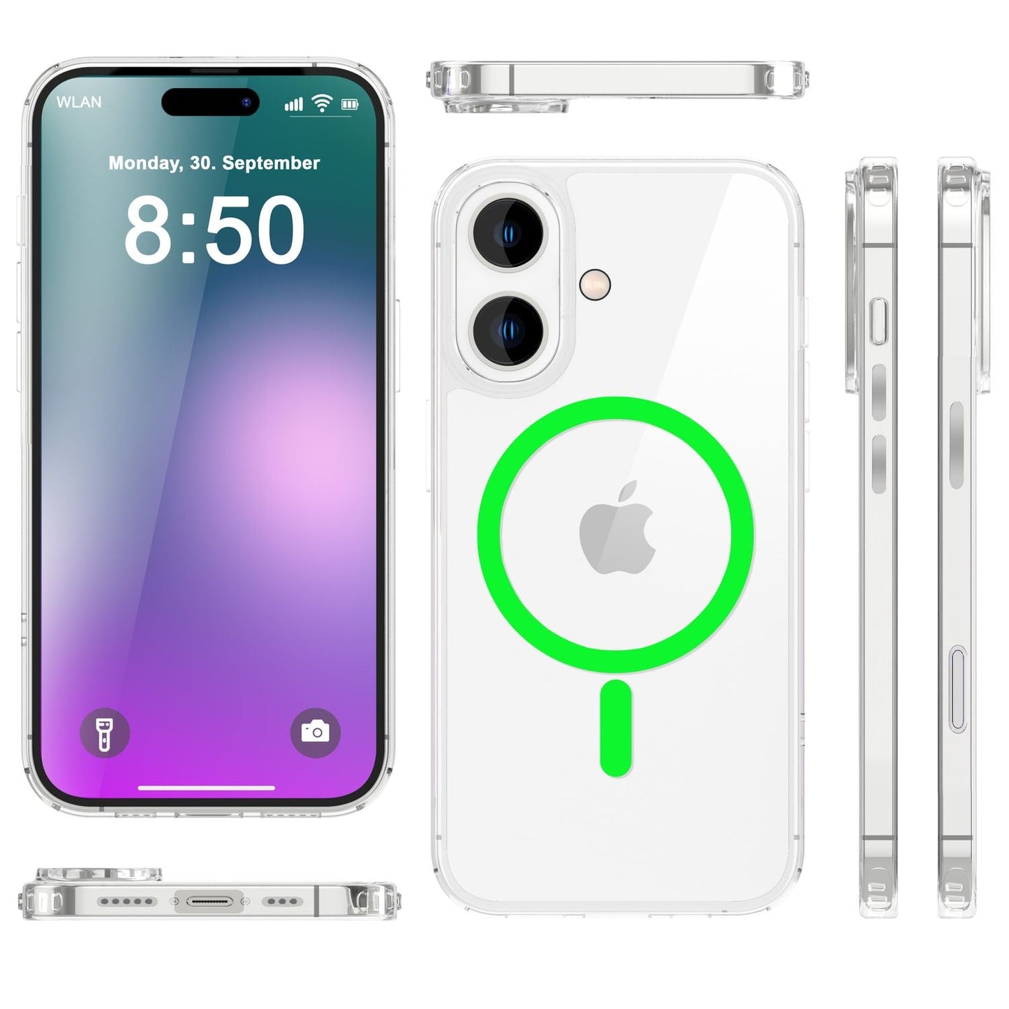 NALIA gegnsætt MagSafe akrýlhulstur fyrir iPhone 16, litríkur neonhringur með næturljómaáhrifum, gegnsætt símahulstur