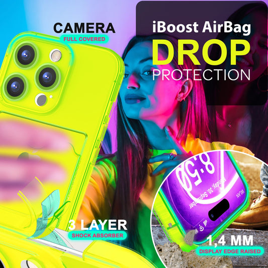 NALIA Klare Neon Hülle mit Kartenhalter für iPhone 16 Pro, Bunte Handyhülle mit Kartenfach, Silikon Durchsichtig