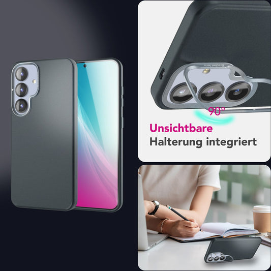 NALIA Overland Case for Samsung Galaxy S25 Plus with MagSafe, Ultra Slim Hard Cover, Built-in Magnetic Ring, Foldable Camera Stand, Matte Thin Protective Case - Titanium Black