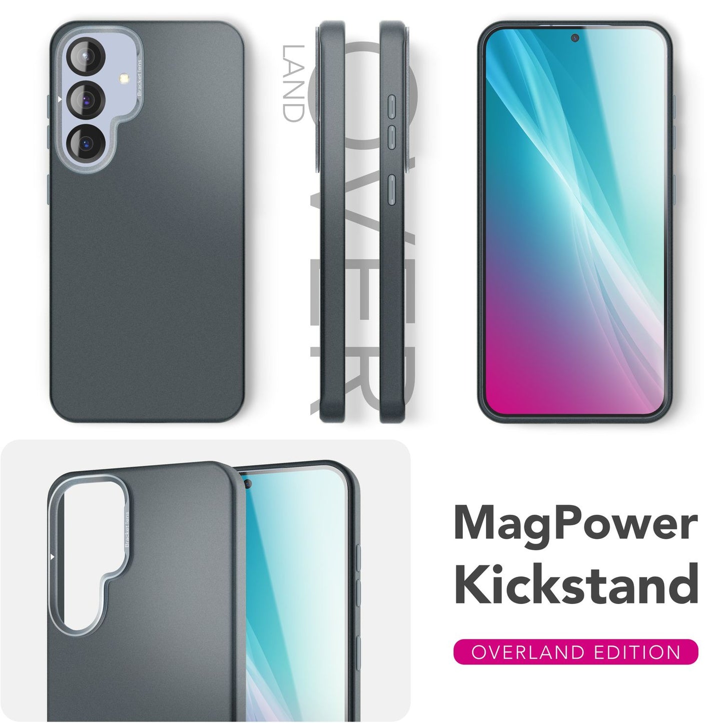 NALIA Overland hulstur fyrir Samsung Galaxy S25 Plus með MagSafe, ultra þunnu hörðu hulstri, innbyggðum segulhring, samanbrjótanlegu myndavélarstandi, mattþunnu verndarhulstri - títansvart