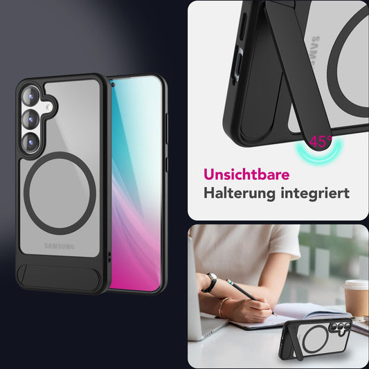 NALIA Triton hulstur fyrir Samsung Galaxy S25 Plus með MagSafe, segulmagnað hulstur með smellustandi, hringur fyrir segulhleðslu, hálfgagnsætt verndarhulstur með svörtum sílikonbrún.