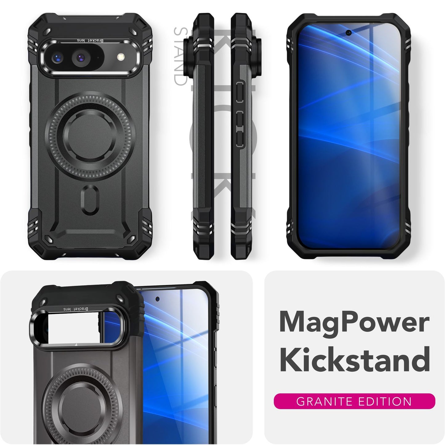 NALIA Granite Case for Google Pixel 9 – Phone Case with MagSafe, Shockproof Armored Hard Case with Dual-Layer Protection, Integrated Metal Kickstand, Military Cover