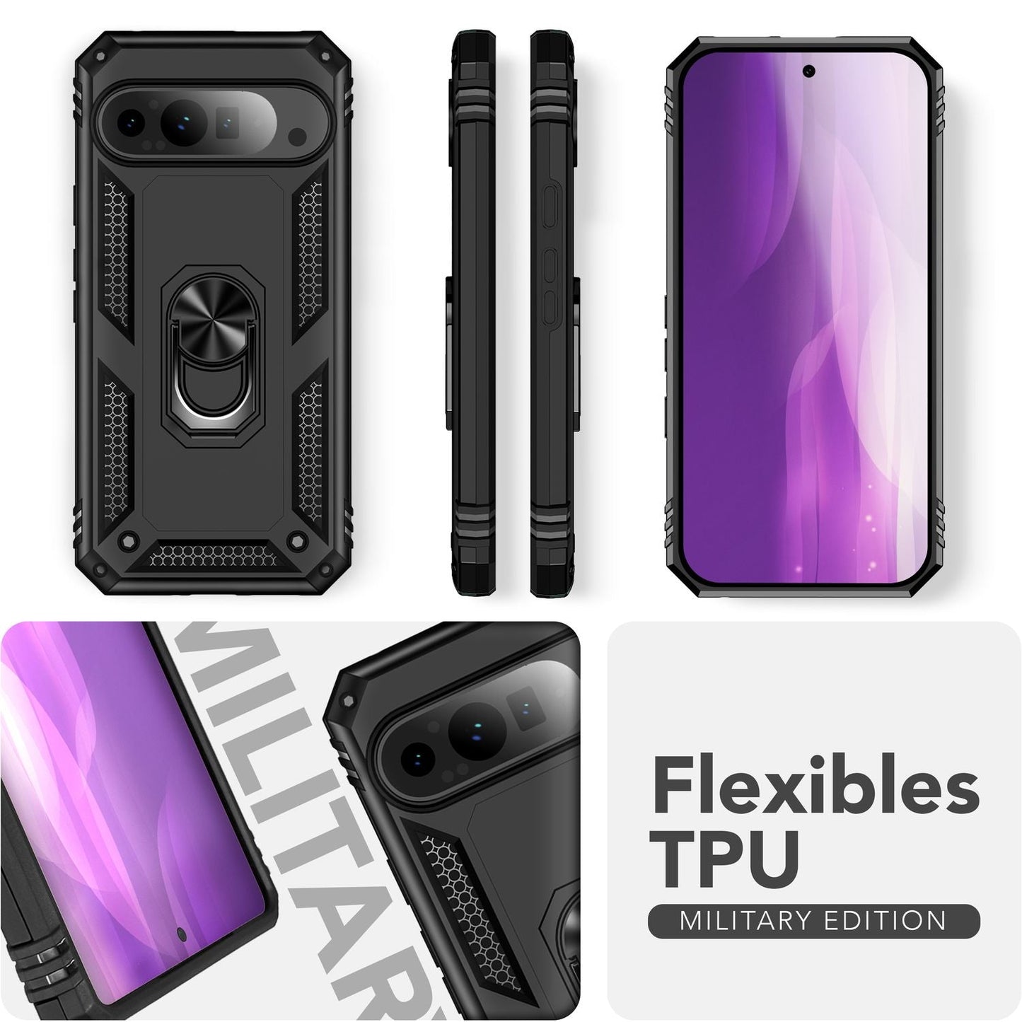 NALIA RingDefend Case for Google Pixel 9 Pro – Shockproof Phone Case with 360° Finger Holder & Kickstand, Military Style Armor Case with Impact Protection, Heavy-Duty Phone Case - Black