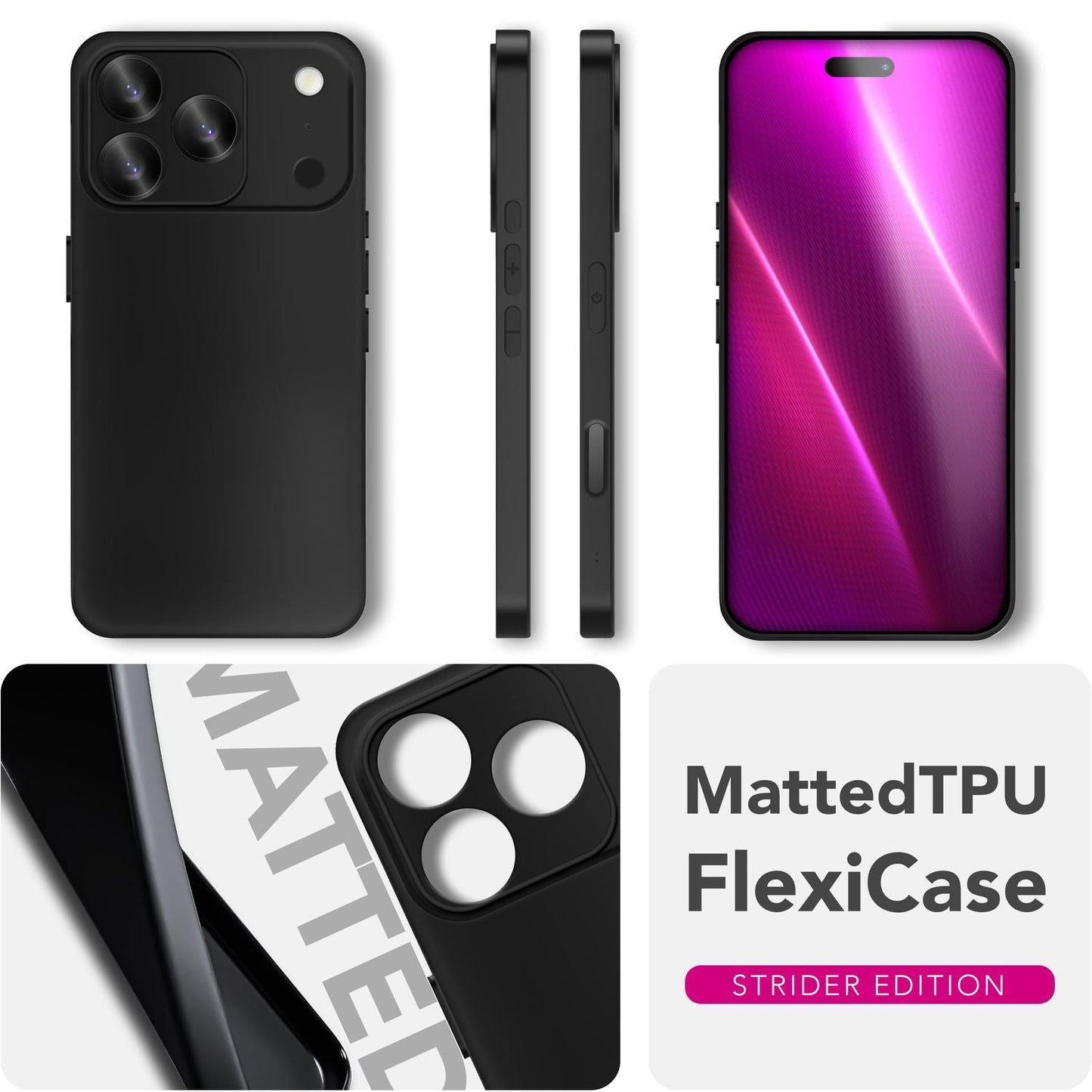 NALIA Strider hulstur fyrir Apple iPhone 17 Pro Max (mattþunnt hulstur) - Mjög þunnt 1,28 mm, mjúkt TPU hulstur, rykheldir hnappar, fingrafaravörn, verndandi símahulstur - svart