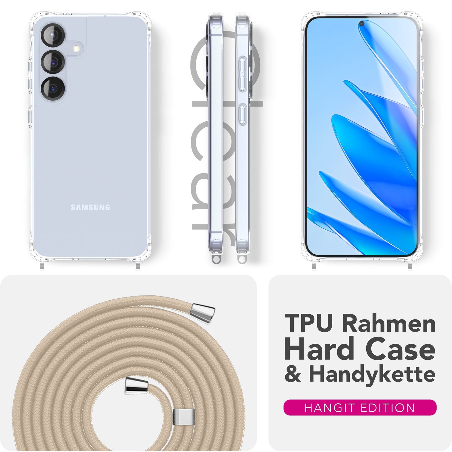 NALIA Hangit Case for Samsung Galaxy S25 FE (Crossbody Case) - Transparent Phone Case with Strap, Crystal Clear & Anti-Yellowing, Adjustable 160cm Phone Chain