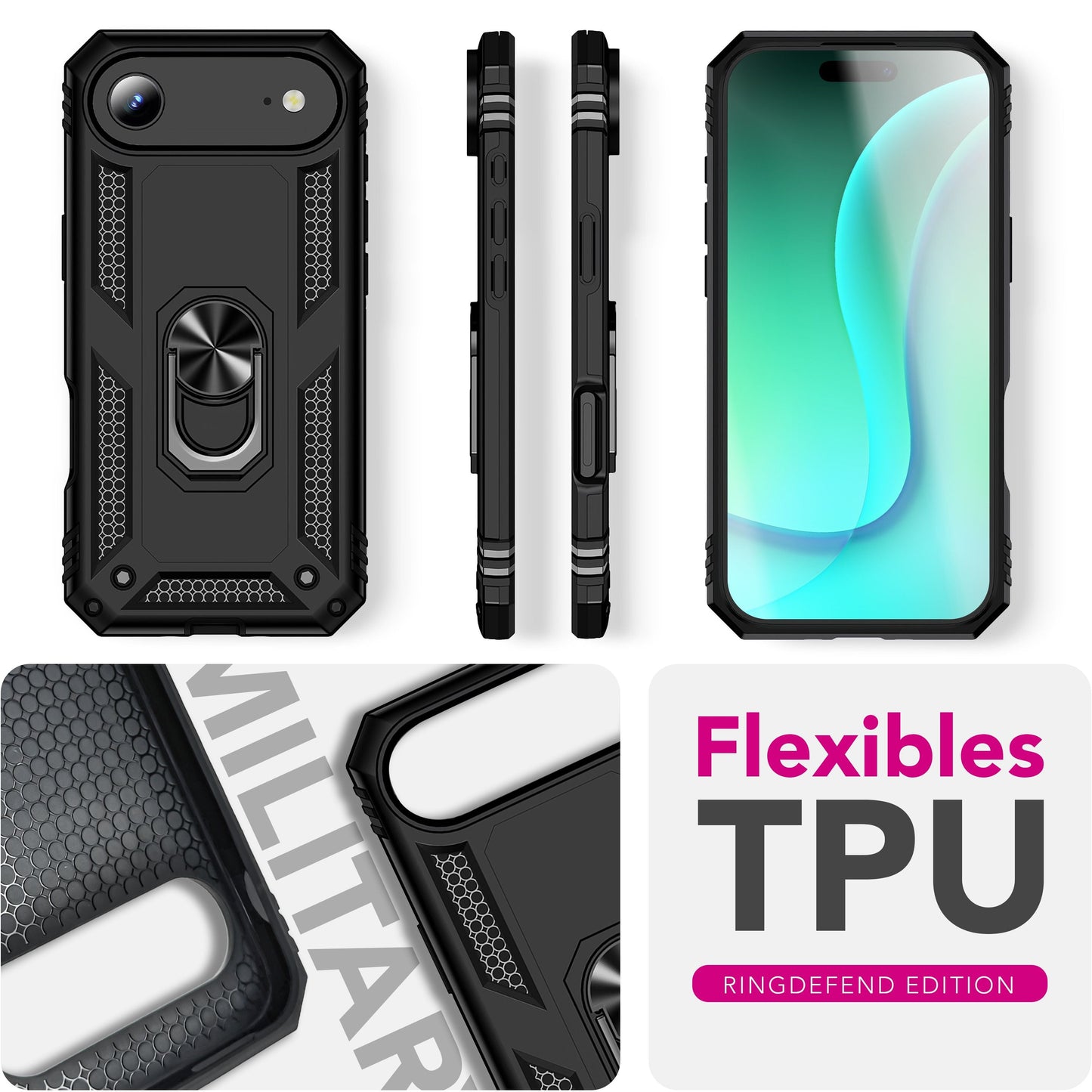 NALIA RingDefend hulstur fyrir Apple iPhone 17 Air (hernaðarvernd) - Hernaðarverndað hulstur með 360° snúningshring og standi, högg- og höggþolið, hörð hulstur sem er rennslisvarinn - Svart