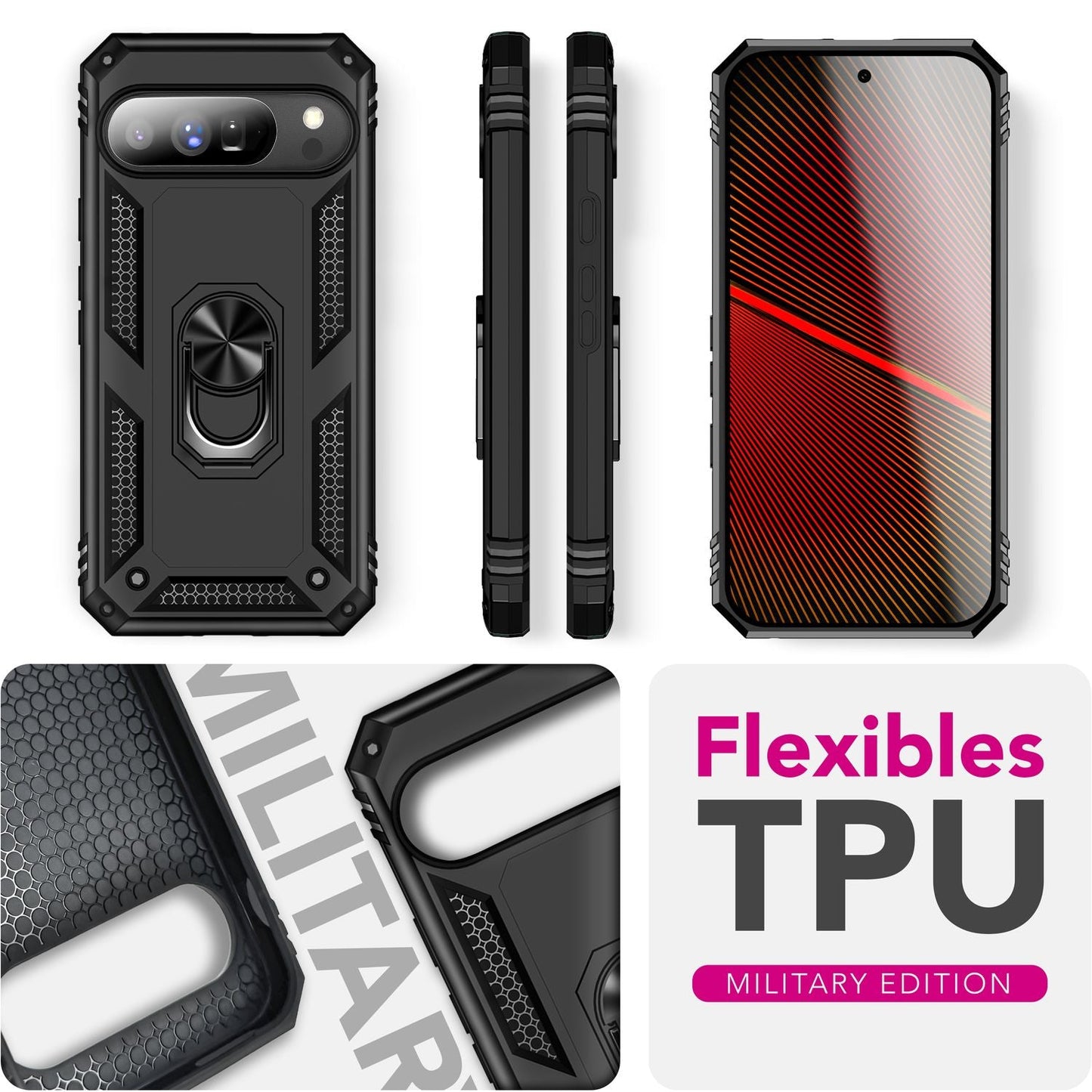 NALIA Hülle RingDefend für Google Pixel 10 Pro (Military-Grade Schutz), Militär Panzerhülle mit 360° Dreh-Ring & Ständer, Schlagfest & Stoßsicher, Outdoor Handy Cover - Schwarz