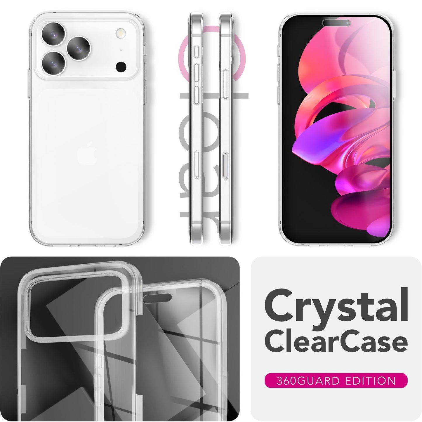 NALIA 360Guard hulstur fyrir Apple iPhone 17 Pro Max (360° vörn allan hringinn) - Glært símahulstur, rispuþolið PC bakhlið og hertur skjávörn, gegnsætt og gulnar ekki.