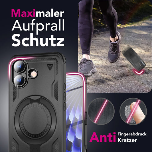 NALIA MagSafe Stormguard hulstur fyrir Apple iPhone 17 (óslítandi, brynjað hulstur) - Höggþolið verndarhulstur fyrir útivist með 360° hringstandi, brynjuðu hulstri og fallvörn - eldfjallasvart