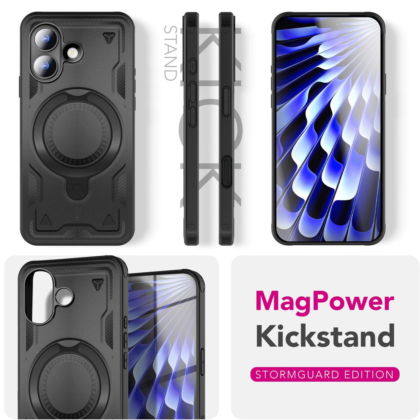 NALIA MagSafe Stormguard hulstur fyrir Apple iPhone 17 (óslítandi, brynjað hulstur) - Höggþolið verndarhulstur fyrir útivist með 360° hringstandi, brynjuðu hulstri og fallvörn - eldfjallasvart