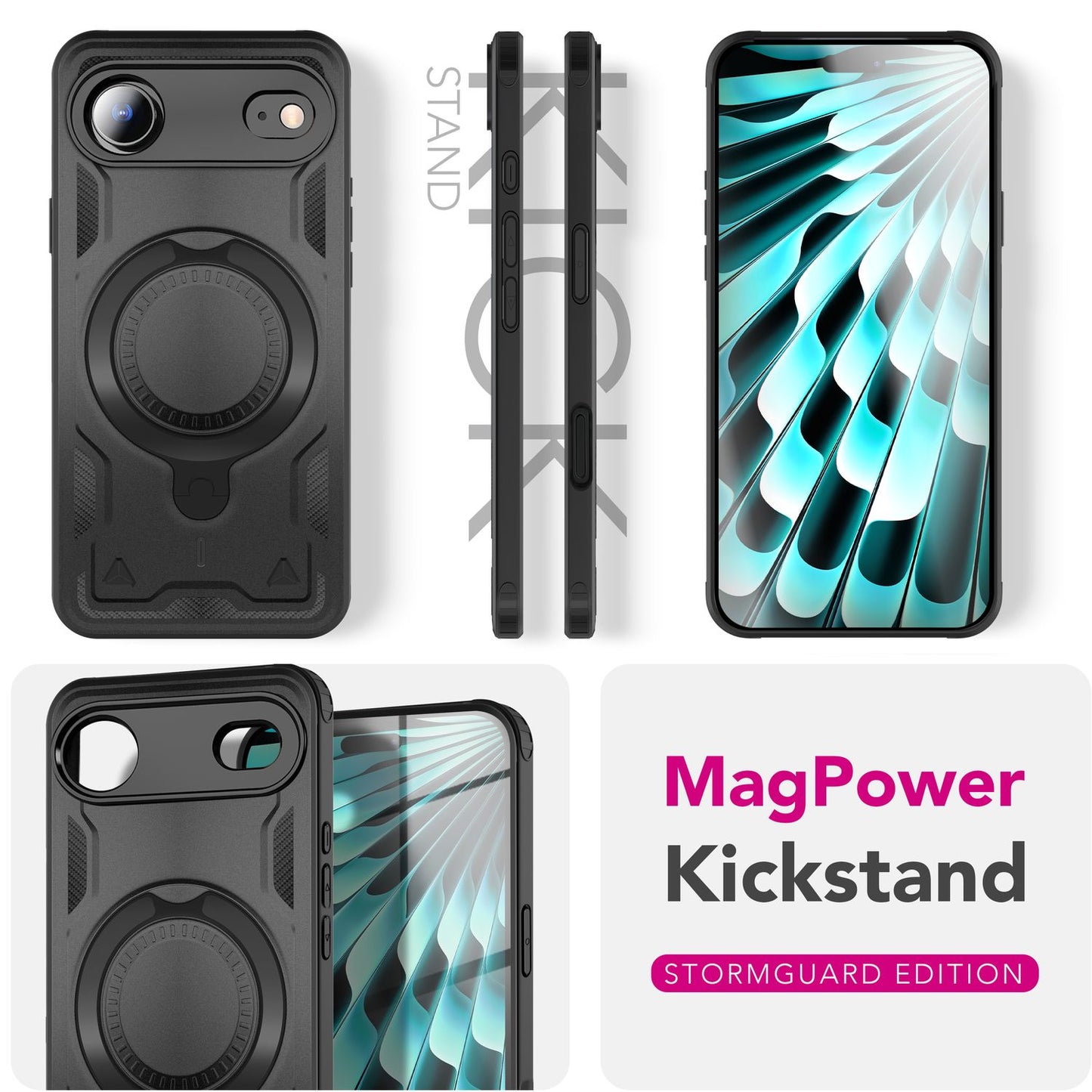 NALIA MagSafe Stormguard hulstur fyrir Apple iPhone 17 Air (óslítandi, brynjað hulstur), höggþolið, herhulstur með 360° snúningshring, útihulstur - eldfjallasvart