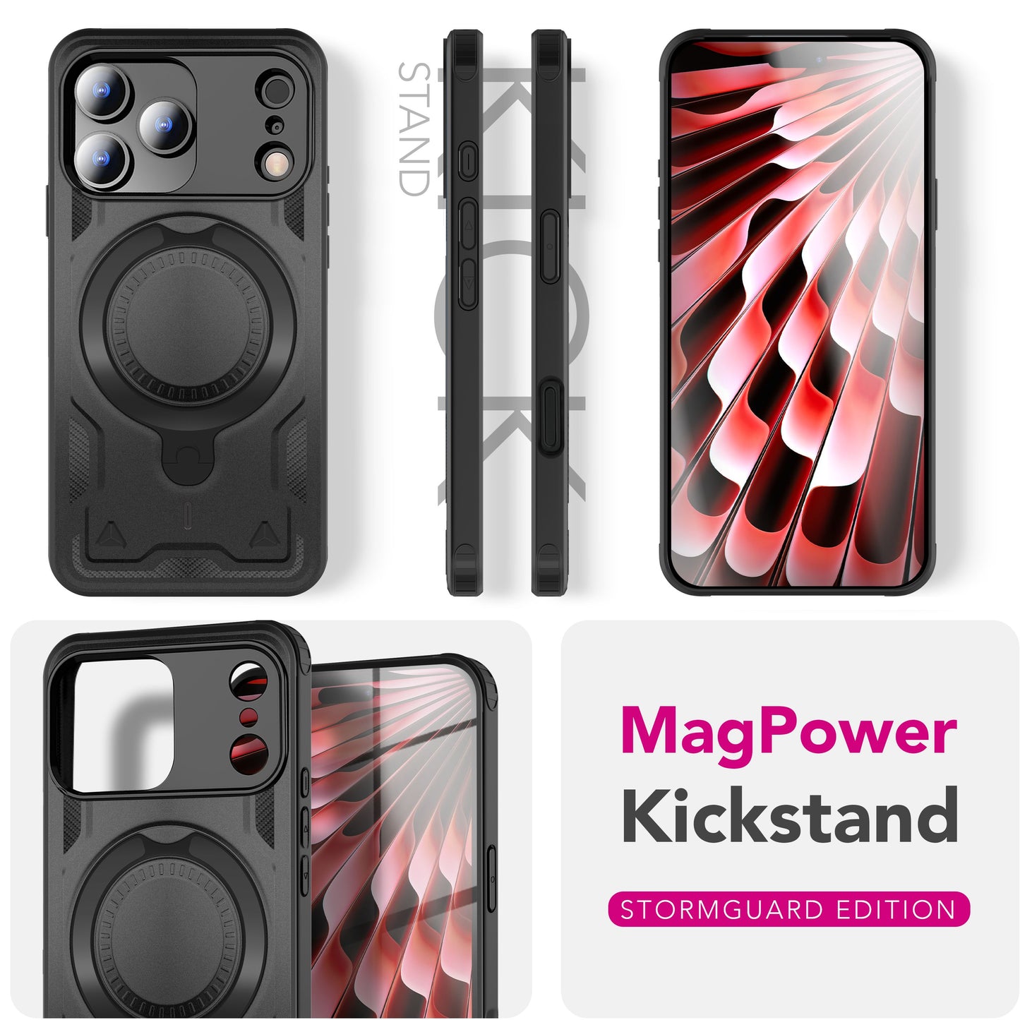 NALIA MagSafe Stormguard hulstur fyrir Apple iPhone 17 Pro (óslítandi brynjað hulstur), styrkt fallvörn, hernaðarlegt hart hulstur með 360° snúningshring, brynjað hulstur - eldfjallasvart